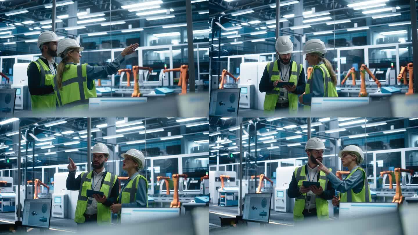 西班牙裔男性工程师使用平板电脑，与白人女性工业技术人员在自动装配线上用机械臂交谈。同事们戴着安全帽，