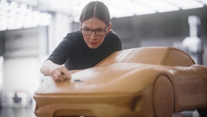 女汽车建模师在橡皮泥模型粘土制成的概念车上享受创造性的工作过程。美丽的设计师用抹刀平滑现代电动汽车的