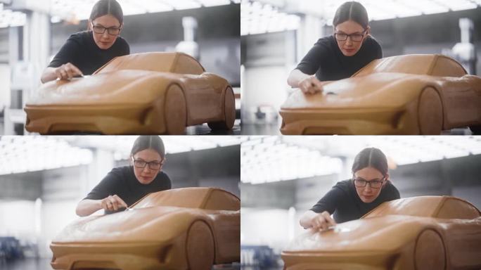 女汽车建模师在橡皮泥模型粘土制成的概念车上享受创造性的工作过程。美丽的设计师用抹刀平滑现代电动汽车的