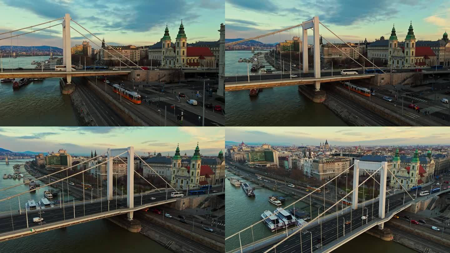 匈牙利布达佩斯历史建筑和伊丽莎白桥的无人机镜头