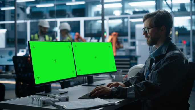 白人工业工程师在电机厂用机械臂控制自动输送机。人用电脑显示绿屏色度调节自动化生产。