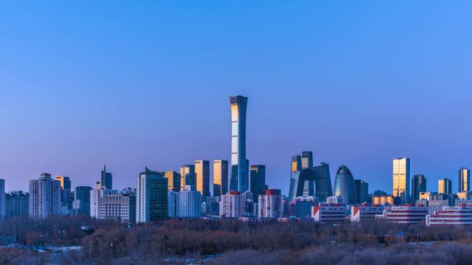 冬季北京国贸城市天际线夜转日延时