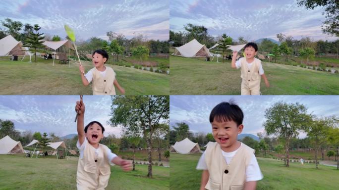 小男孩的户外冒险:在阳光明媚的草地上用蝴蝶网探索大自然。