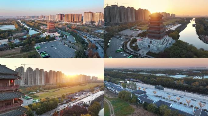 西安汉城湖大风阁日落4K航拍