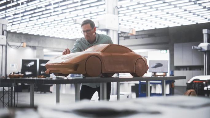汽车艺术家对他最新的概念车创作的最后一笔。设计师工作在一个新的原型，雕刻工业橡皮泥粘土3D模型的运动