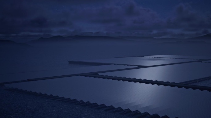 漂浮的太阳发电厂在夜间- 4K分辨率