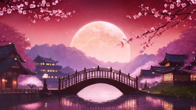 唯美古风月夜樱花桥背景舞台