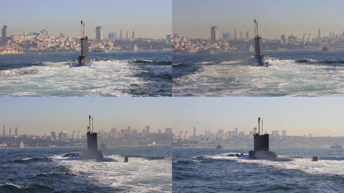 海军潜艇驶入博斯普鲁斯海峡。跟踪拍摄。在潜艇的尾迹上骑行