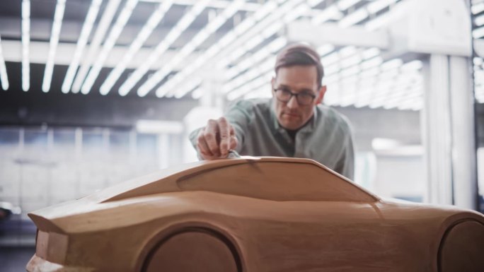 一个创意汽车建模师的肖像工作在一个概念车由橡皮泥建模粘土制成。英俊的设计师用抹刀给现代电动汽车的原型