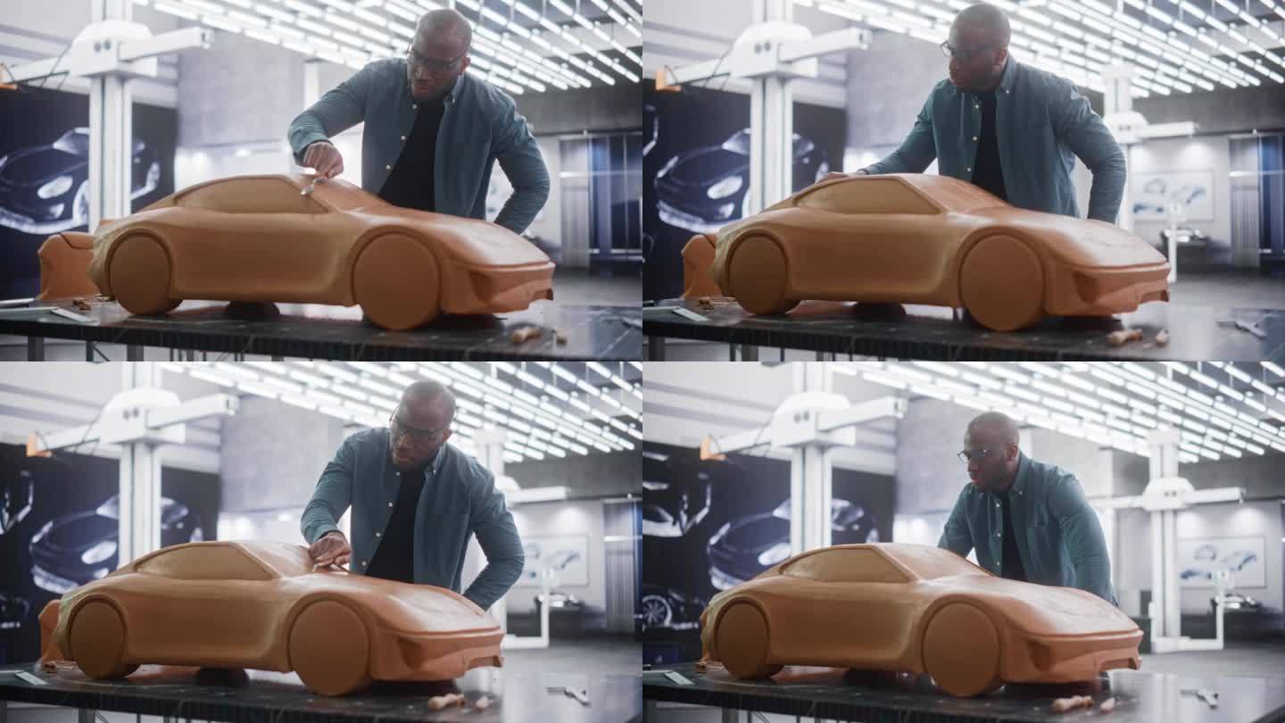 戴着眼镜的英俊非洲汽车设计师正在用粘土制作原型车。造型师雕刻表面，考虑3D雕塑，若有所思地看着模型