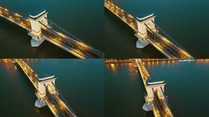 高角度无人机拍摄的照亮sz<s:1> chenyi链桥在多瑙河上的布达佩斯，匈牙利