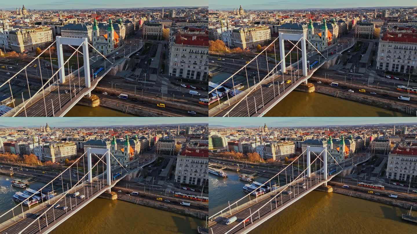 无人机拍摄的伊丽莎白桥在多瑙河上的布达佩斯城市景观在阳光明媚的日子，匈牙利