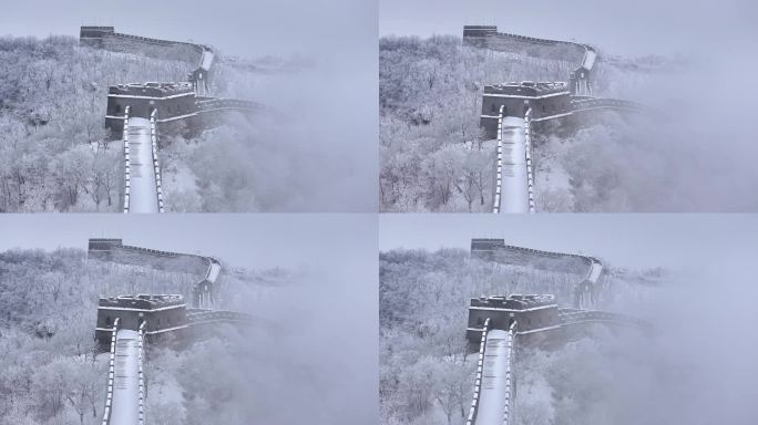 航拍慕田峪长城雪景