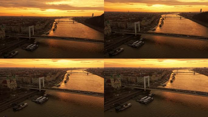 无人机拍摄的港口在日落期间在布达佩斯伊丽莎白大桥，匈牙利