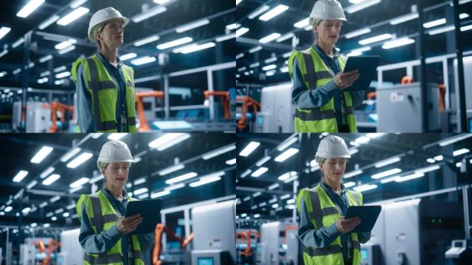 体贴的白人女工程师拿着平板电脑，用人工智能驱动的机器手监控自动化工业机械装配线的情况。