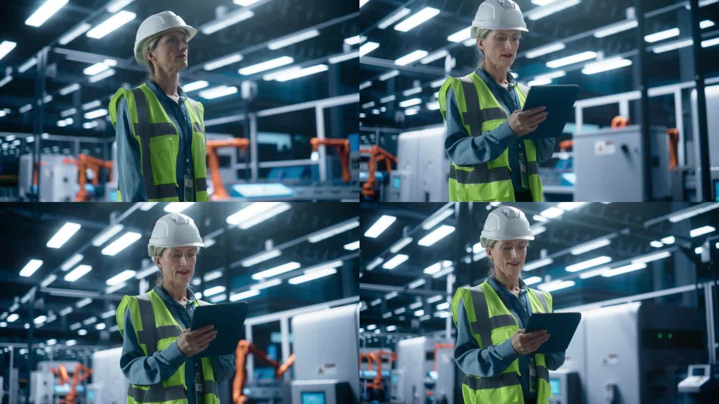 体贴的白人女工程师拿着平板电脑，用人工智能驱动的机器手监控自动化工业机械装配线的情况。
