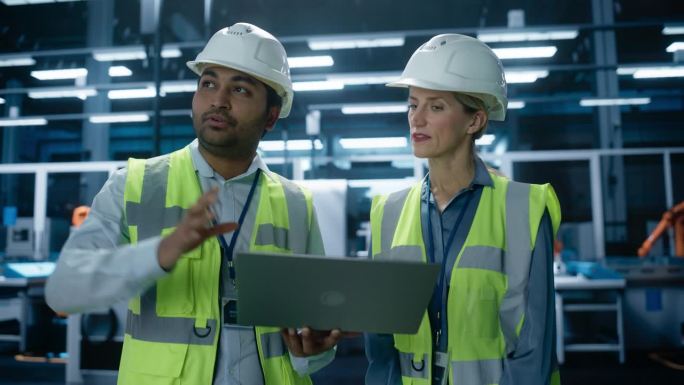 印度男性专业技术人员和白人女性工程师站在工厂大厅里，用笔记本电脑，用机械臂讨论电动发动机制造厂的生产