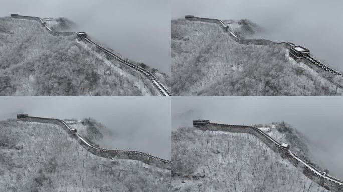 航拍慕田峪长城雪景