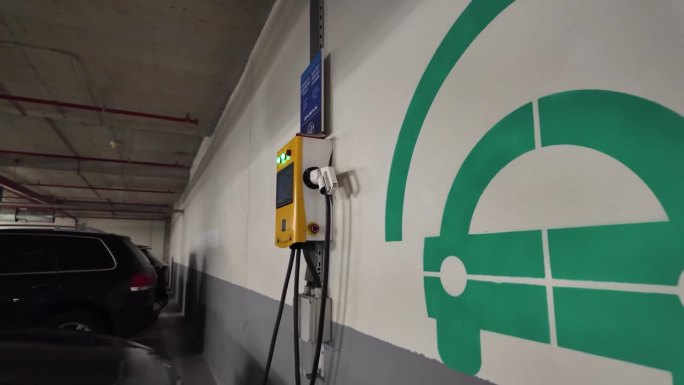 地下车库的电动汽车充电站。