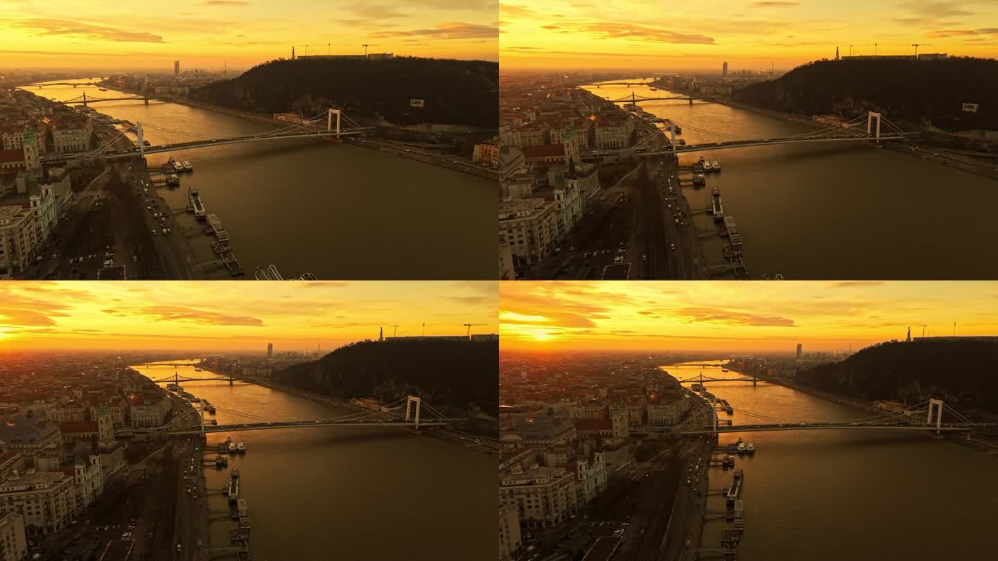 无人机拍摄的多瑙河上的伊丽莎白桥在日落时分在布达佩斯，匈牙利