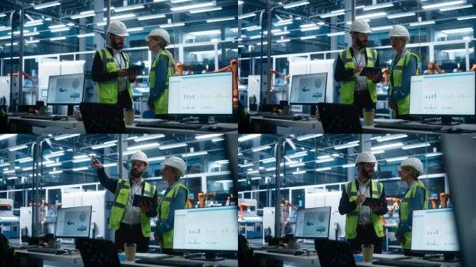 工厂办公室:西班牙裔男性质量控制技术人员使用平板电脑，与白人女性工程师交谈，自主制造工厂的机械臂在装