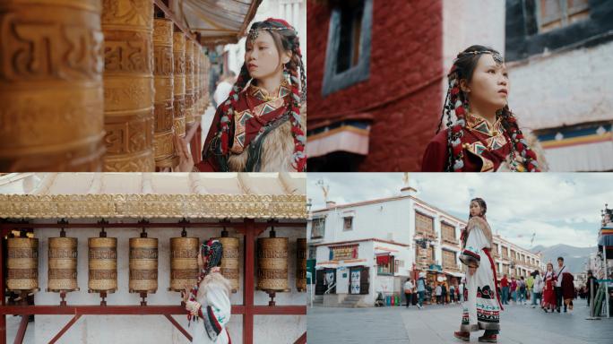 西藏藏民女孩转经筒少数民族