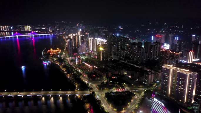 江边城市夜景航拍