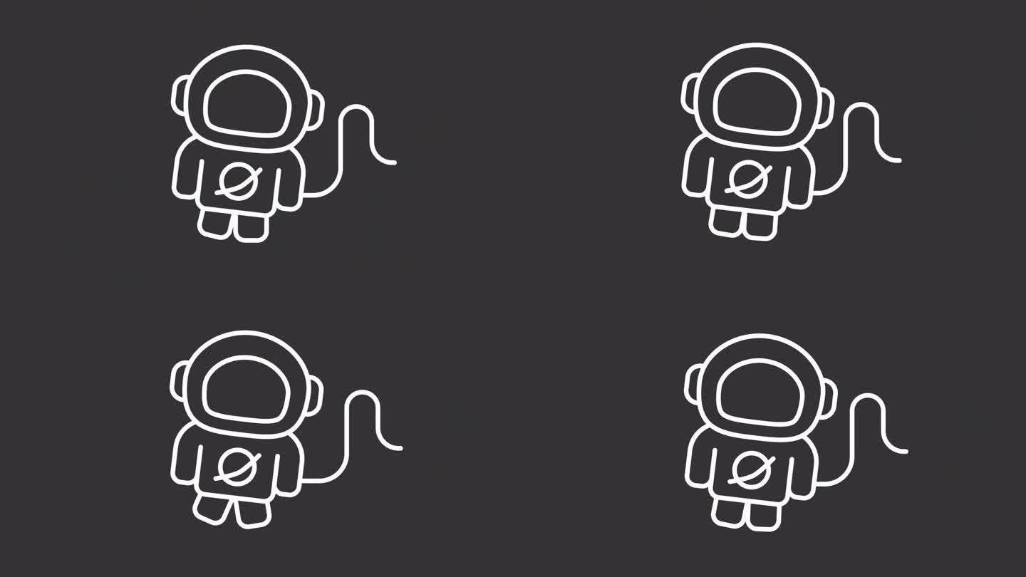 2D白色简单细线动画的宇航员，高清视频透明背景，无缝循环4K视频表示空间