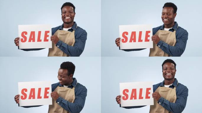 快乐的黑人，广告牌和打折或促销的标志，背景是工作室。非洲男性肖像或员工微笑与海报交易，商店促销或广告
