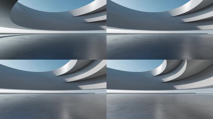 三维渲染抽象现代建筑与空混凝土地板和曲线墙，汽车呈现背景。