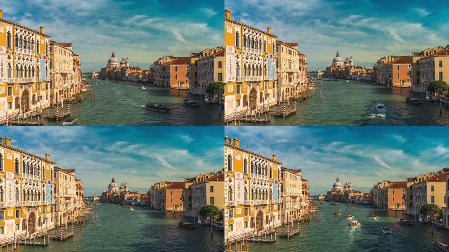 意大利，阳光明媚的时候，拥挤的大运河、大运河和客船可以在威尼斯城看到圣玛丽亚德拉致敬