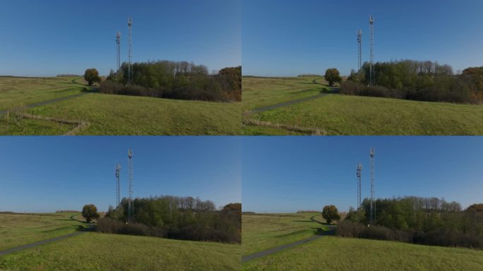 法国乡村的手机信号塔，空中摄影车开进来