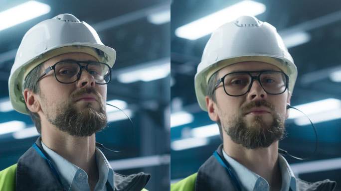 垂直屏幕:工程师微笑着看着摄像机。一个戴着白色防护帽和反光夹克的白人男子的肖像。工厂用机械臂监控装配