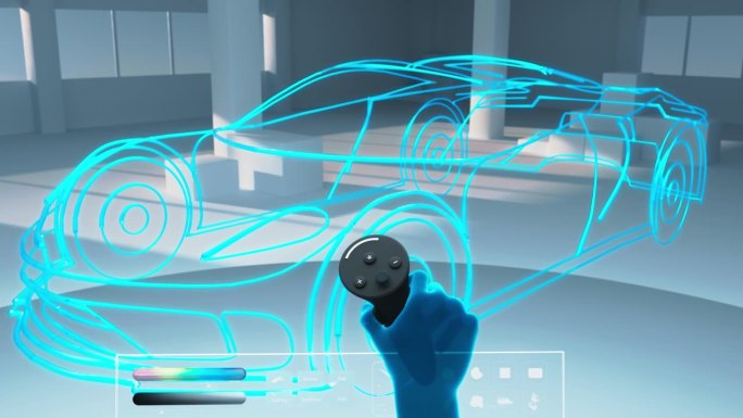 汽车工程师使用VR软件在数字交互环境中设计现代电动汽车平台。在虚拟现实网络空间中使用POV元工作空间