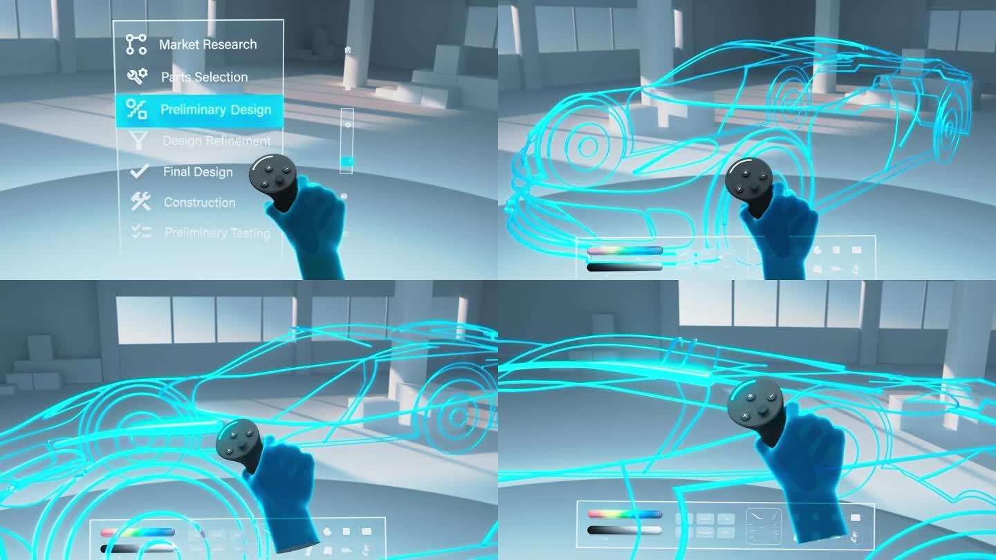 汽车工程师使用VR软件在数字交互环境中设计现代电动汽车平台。在虚拟现实网络空间中使用POV元工作空间