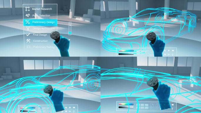 汽车工程师使用VR软件在数字交互环境中设计现代电动汽车平台。在虚拟现实网络空间中使用POV元工作空间