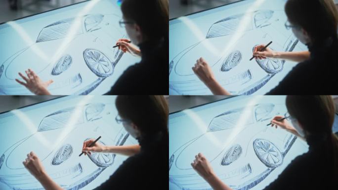女汽车设计师使用数字平板电脑用触控笔绘制原型车草图。有才华的工业艺术家在汽车生产厂的研发工作室工作