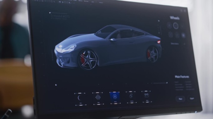 近距离电脑屏幕与3D定制软件的原型车。玩家在汽车经销中心为现代汽车选择不同车轮的游戏体验