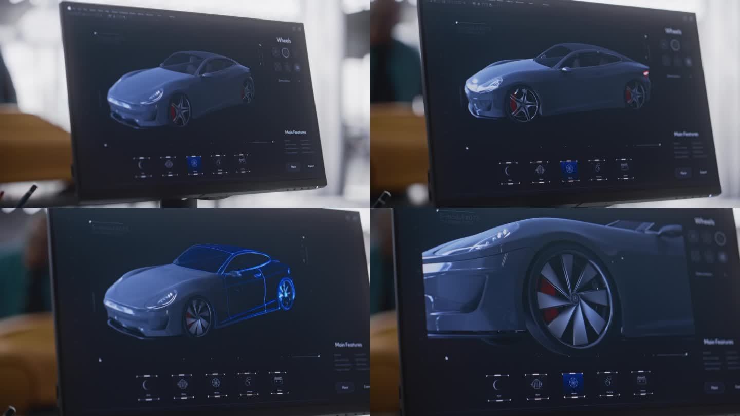 近距离电脑屏幕与3D定制软件的原型车。玩家在汽车经销中心为现代汽车选择不同车轮的游戏体验