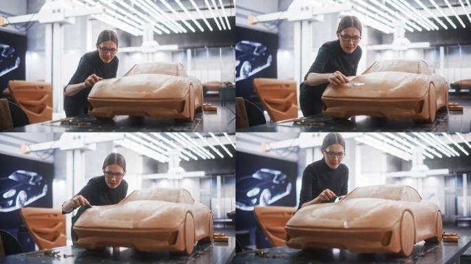 一个女性汽车设计师的肖像雕刻一个新的生产汽车的3D粘土模型。年轻女子用刮刀仔细地修整一辆概念车的表面
