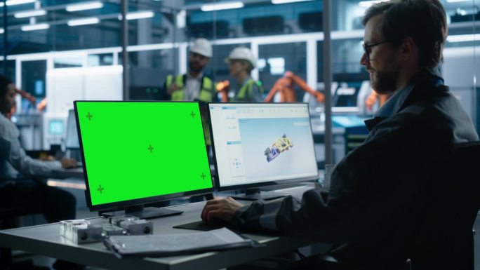 白人男性工业工程师在电机厂用机械臂控制自动输送机。人用电脑显示绿屏色度调节自动化生产。