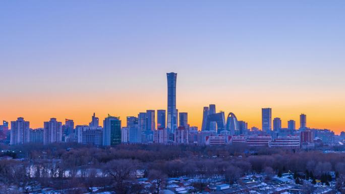 冬季北京国贸城市天际线日转夜延时