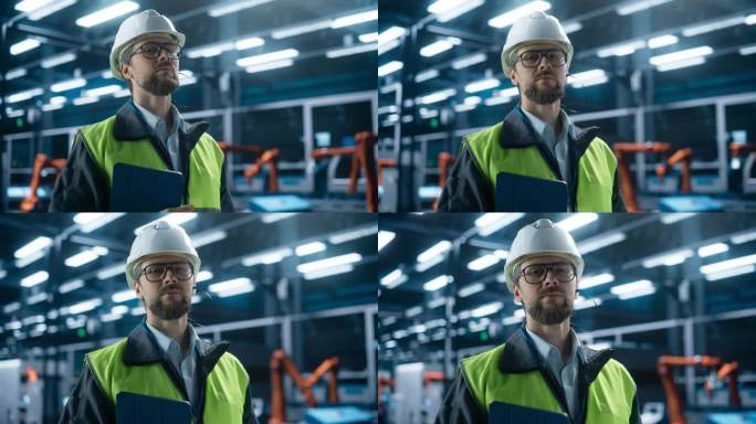 工业工程师微笑着看着镜头。一个戴着白色防护帽和反光夹克的白人男子的肖像。专家在工厂用机器人手臂监控人