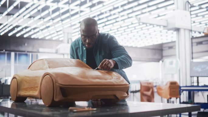 多样化的非洲汽车艺术家在他最新的概念车创作的最后一笔。黑人设计师工作在一个新的原型，雕刻工业橡皮泥粘