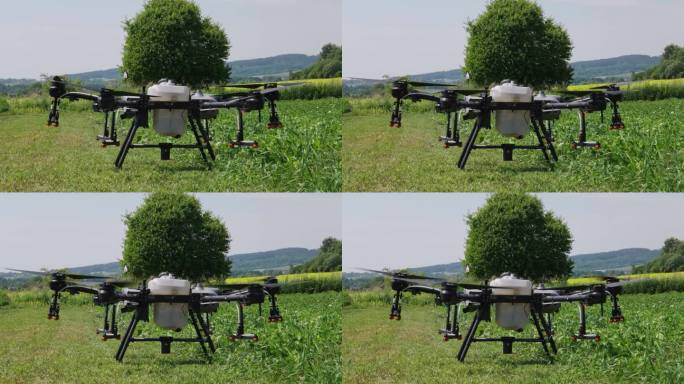 带有喷雾系统的农业无人机准备从绿色农场起飞