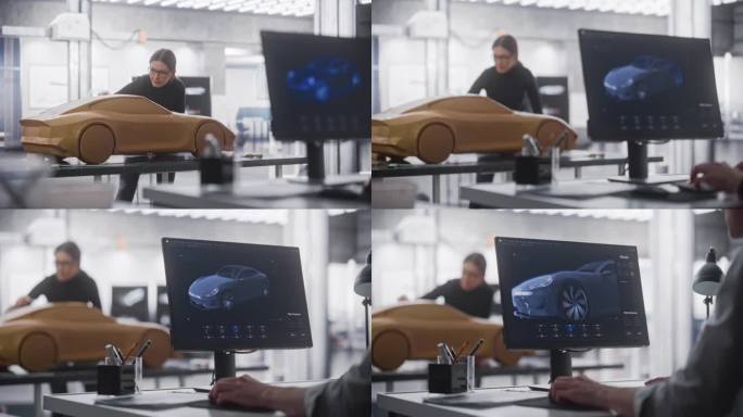 汽车设计师在台式电脑上使用3D CAD软件进行原型车设计。数字艺术家在工作室创造概念车。建模者工作在