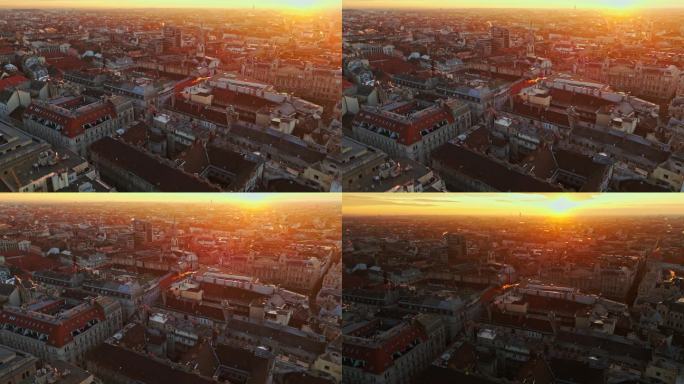 空中无人机拍摄的匈牙利布达佩斯日落时分拥挤的城市景观