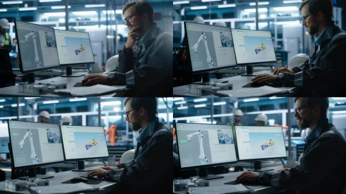 现代工厂办公室:白人男性工业工程师使用台式电脑调整先进电动发动机的自动装配线。从事绿色能源涡轮机制造