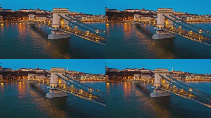 无人机拍摄的照亮sz<s:1> chenyi链桥在多瑙河上由布达佩斯城市景观在匈牙利
