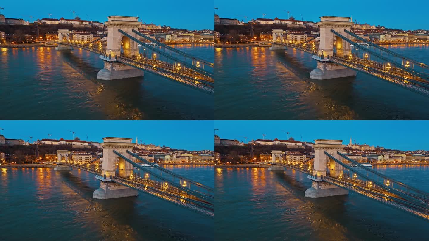 无人机拍摄的照亮sz<s:1> chenyi链桥在多瑙河上由布达佩斯城市景观在匈牙利